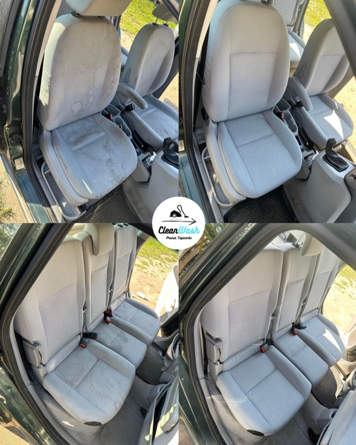 Kolaż przedstawiający wnętrze samochodu: przednie fotele z widocznymi plamami i tylna kanapa przed i po czyszczeniu, z logo firmy CleanWash pośrodku.