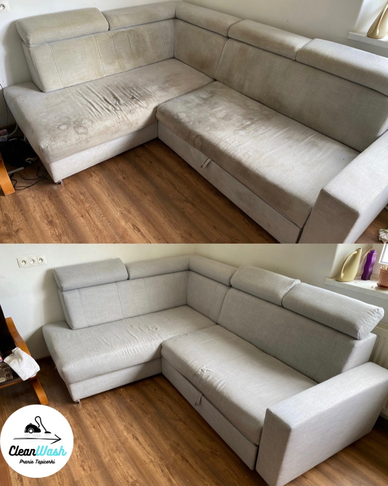 Porównanie: narożnik z jasną tapicerką przed i po czyszczeniu. Widoczne wyraźne różnice w czystości materiału, szczególnie na siedzisku i oparciach. W dolnej części zdjęcia, w rogu, widoczne logo...