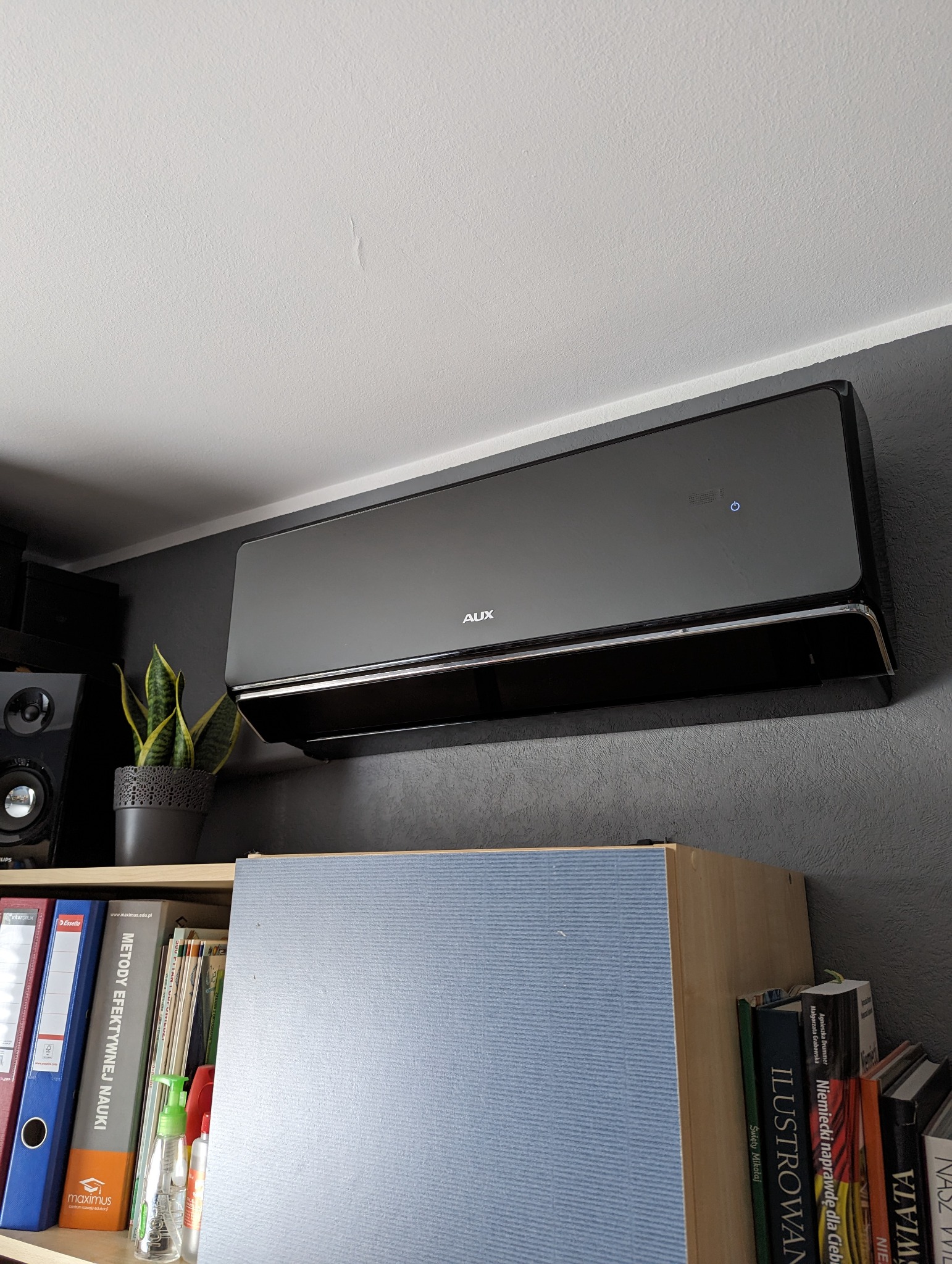 Czarny klimatyzator AUX zamontowany na szarej ścianie w pomieszczeniu mieszkalnym, widoczny nad regałem z książkami i rośliną doniczkową.