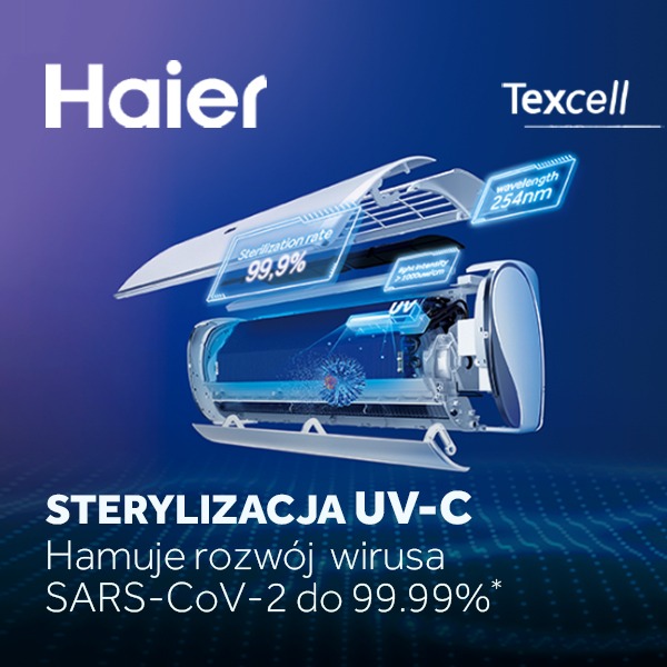 Grafika reklamowa klimatyzatora Haier z funkcją sterylizacji UV-C, z widocznym przekrojem urządzenia i informacjami o skuteczności w hamowaniu rozwoju wirusa SARS-CoV-2.