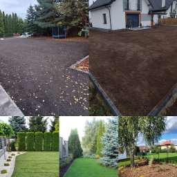 Art Bruk Joachim Jankowski - Kompozycja kolażu przedstawiająca etapy przygotowania terenu pod ogród, w tym wyrównywanie ziemi, oraz aranżacje z trawnikiem, drzewami i krzewami.