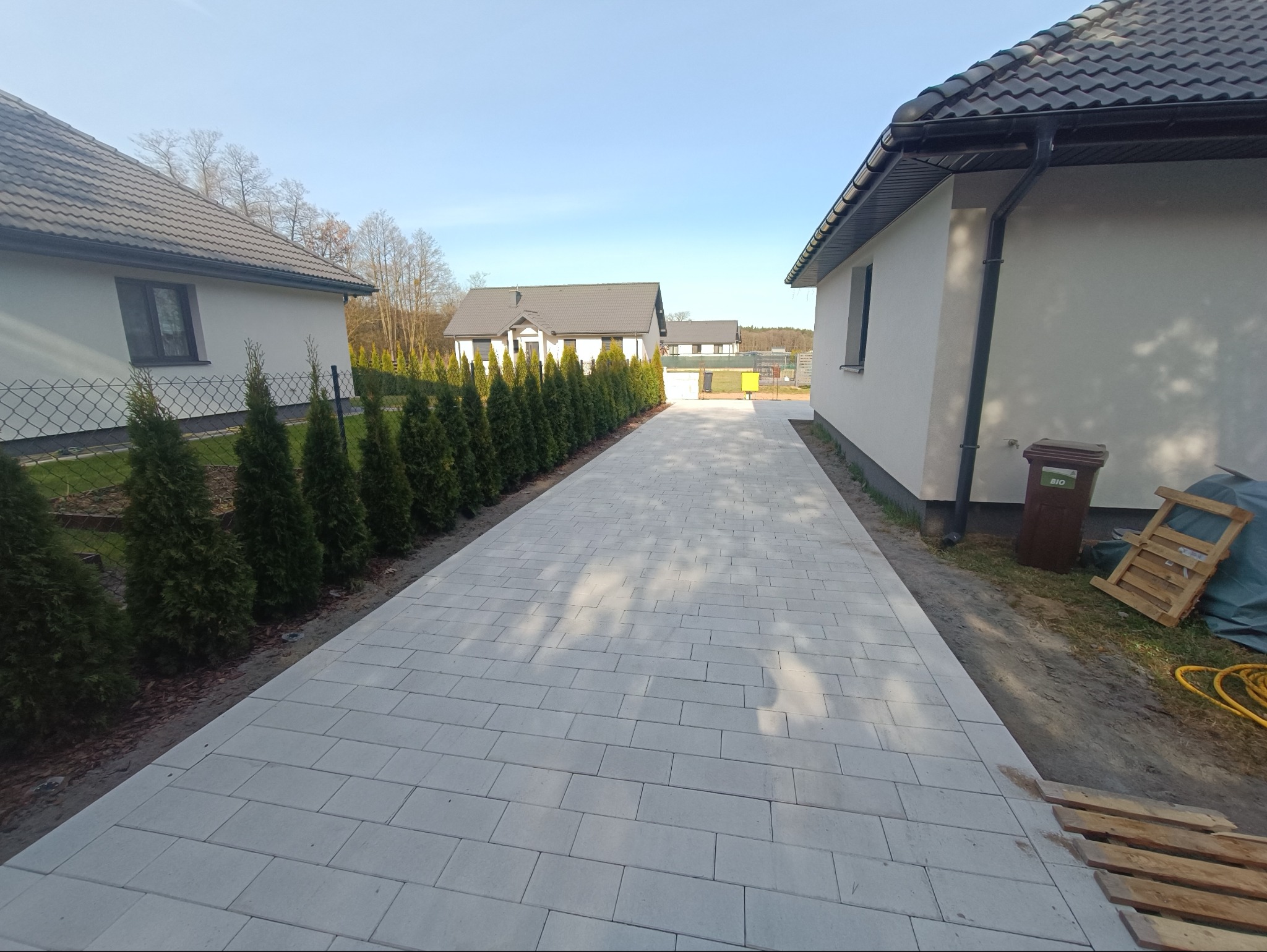 Nowa, jasnoszara kostka brukowa ułożona na podjeździe między dwoma domami, obok rzędu posadzonych, zielonych tuj.