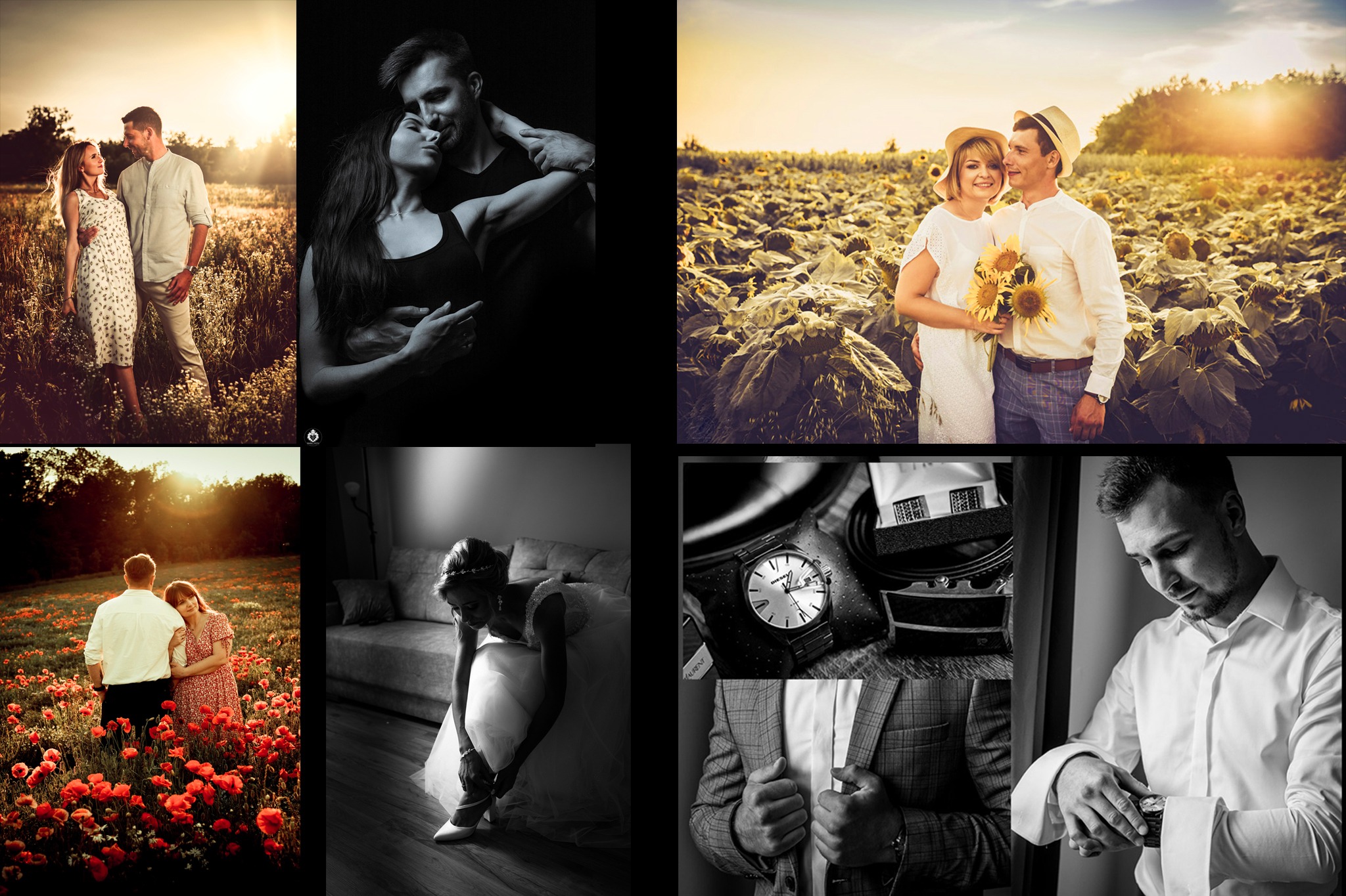Kolaż zdjęć: zakochana para na łące o zachodzie słońca, czarno-biały portret, para w słonecznikach, para w makach, panna młoda zakłada buty, detale stroju pana młodego.