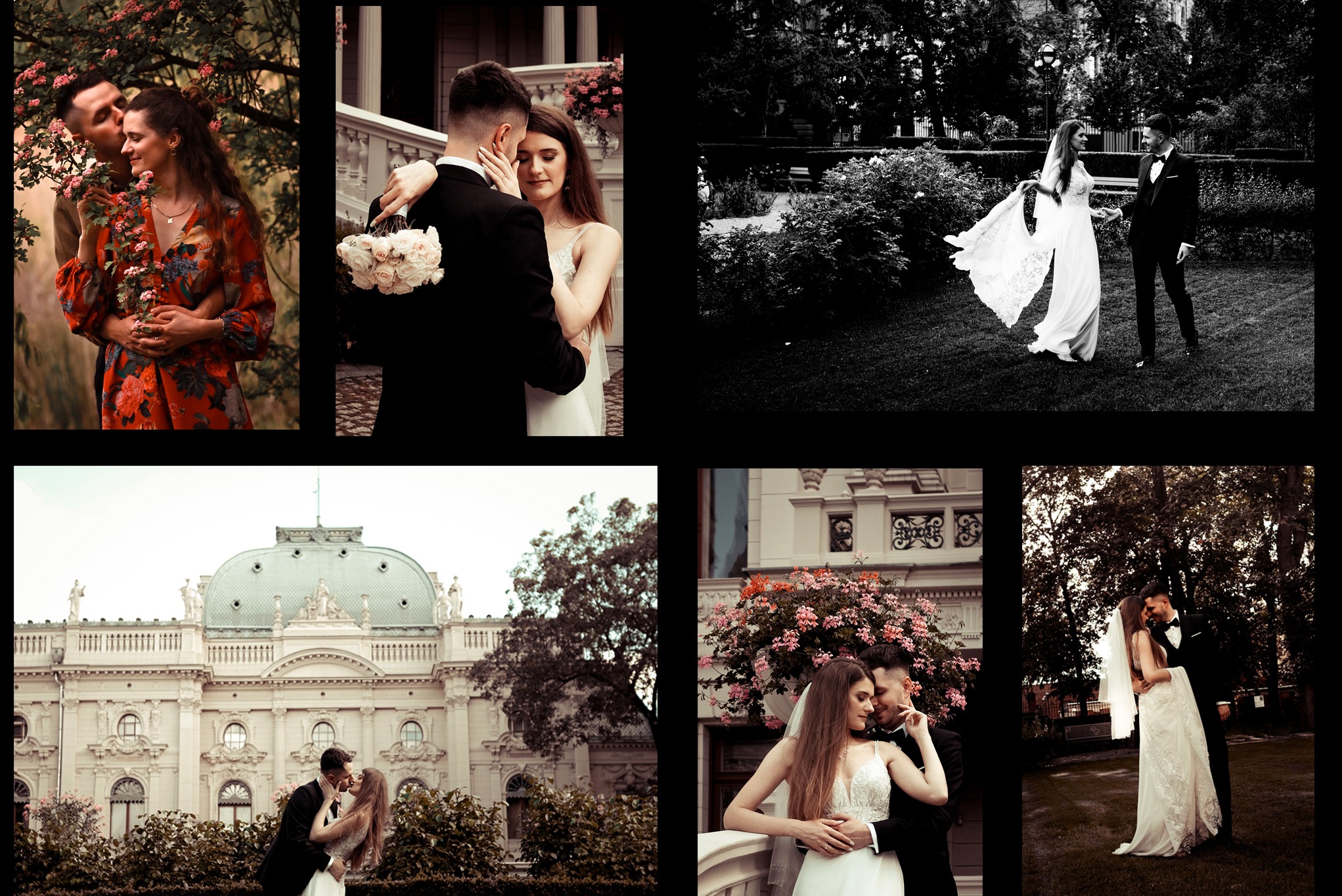 Mozaika z ujęć ślubnych: para w kwiatach, taniec w parku, pocałunek na tle pałacu, czułość na balkonie. Romantyzm i elegancja w każdym kadrze.