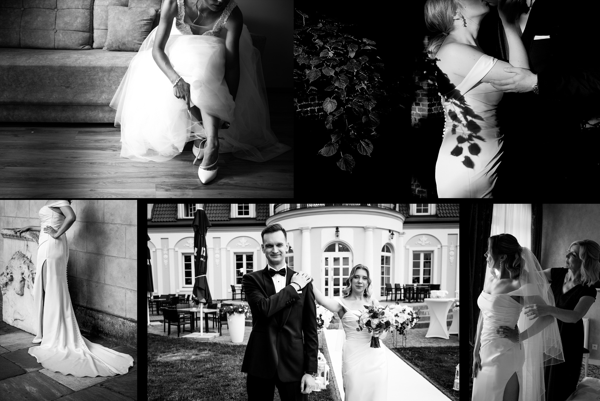 Czarno-biała kompozycja ślubna: panna młoda w sukni, para całująca się w cieniu, portret pary na tle budynku, przygotowania do ślubu z welonem.