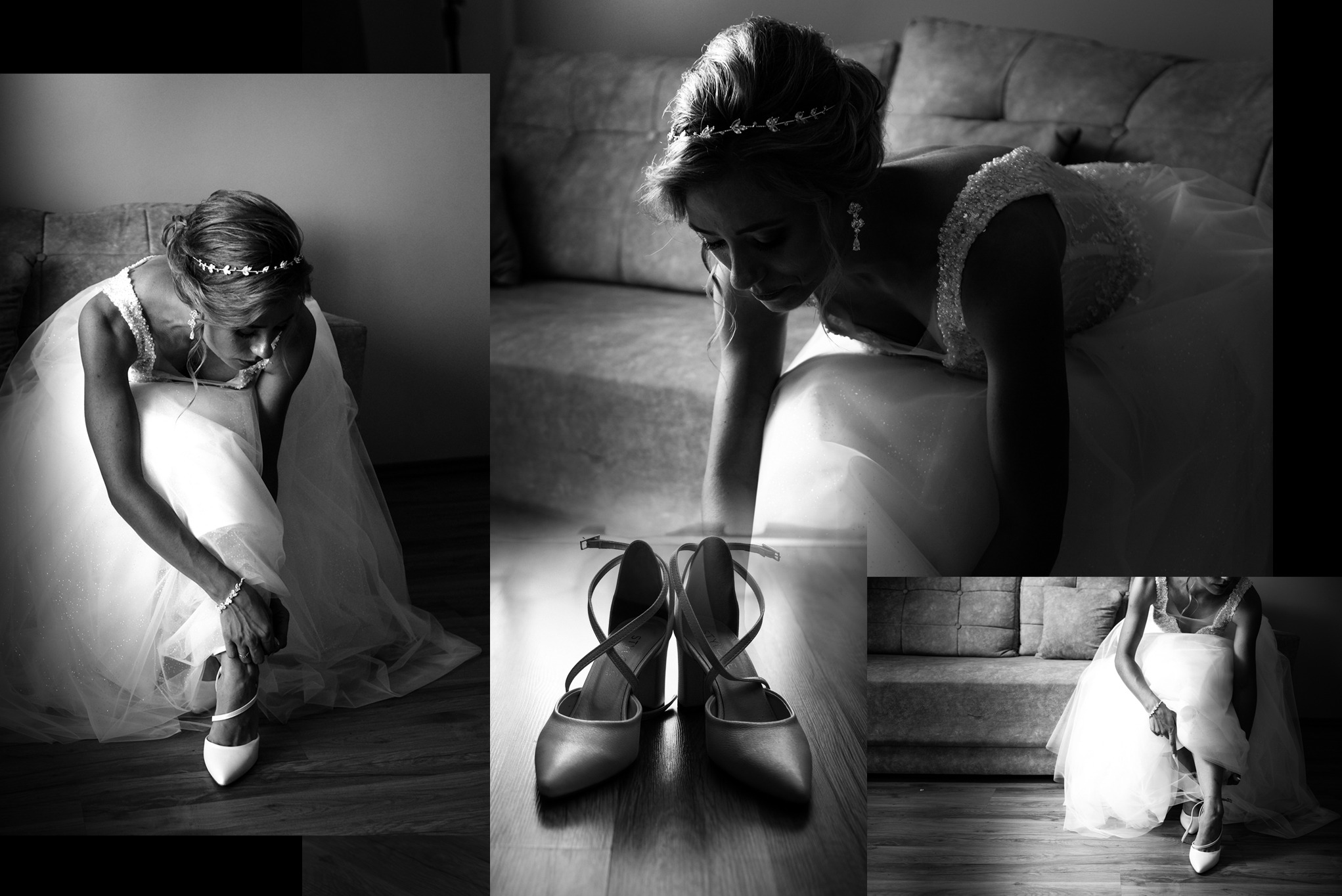 Czarno-biała kompozycja ślubna: panna młoda w sukni zakłada buty, z delikatnym światłem podkreślającym detale sukni i biżuterii. Eleganckie ujęcie.