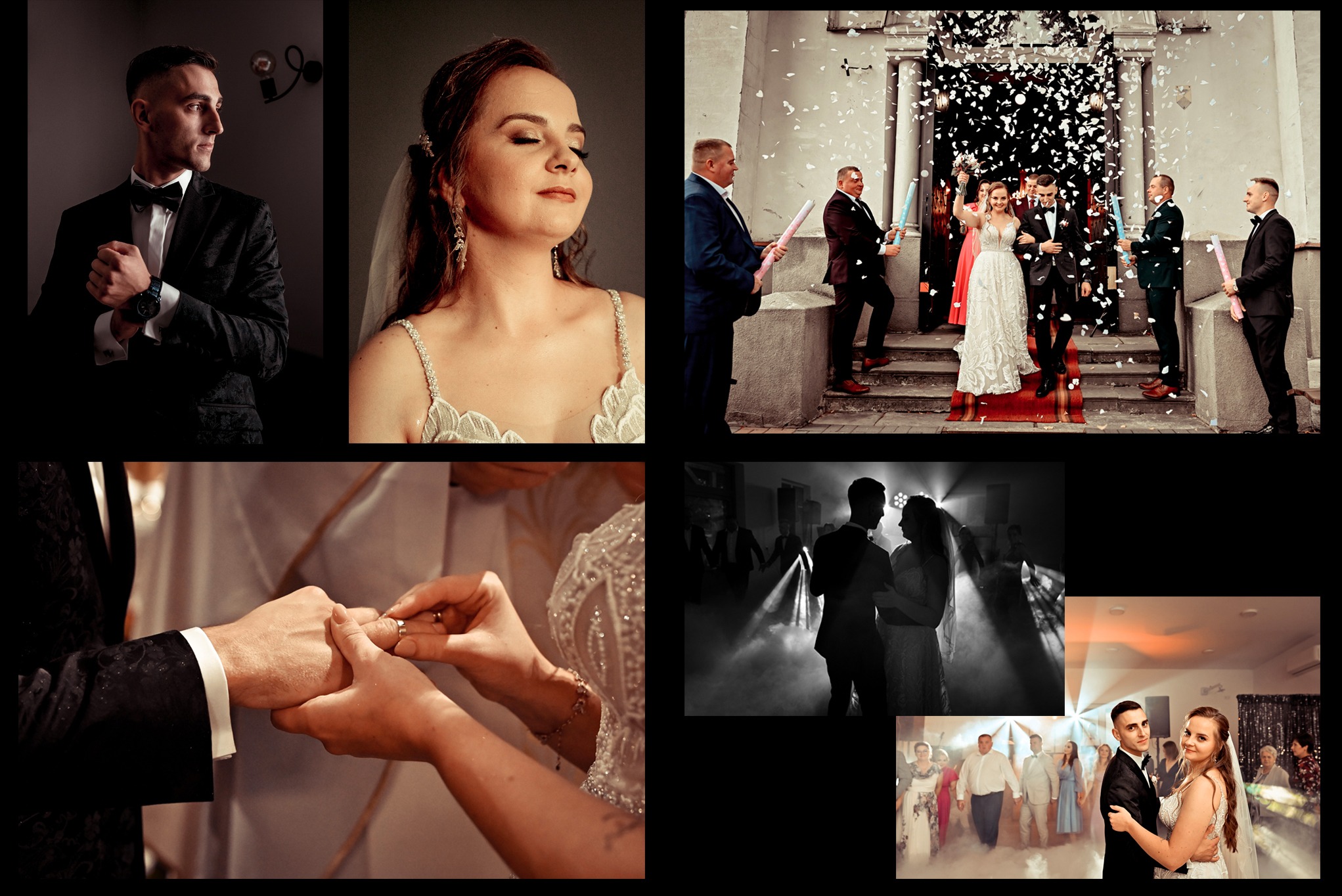 Kolaż z reportażu ślubnego: przygotowania, ceremonia zaślubin, zakładanie obrączek, pierwszy taniec w dymie, para młoda wychodząca z kościoła obsypana konfetti.