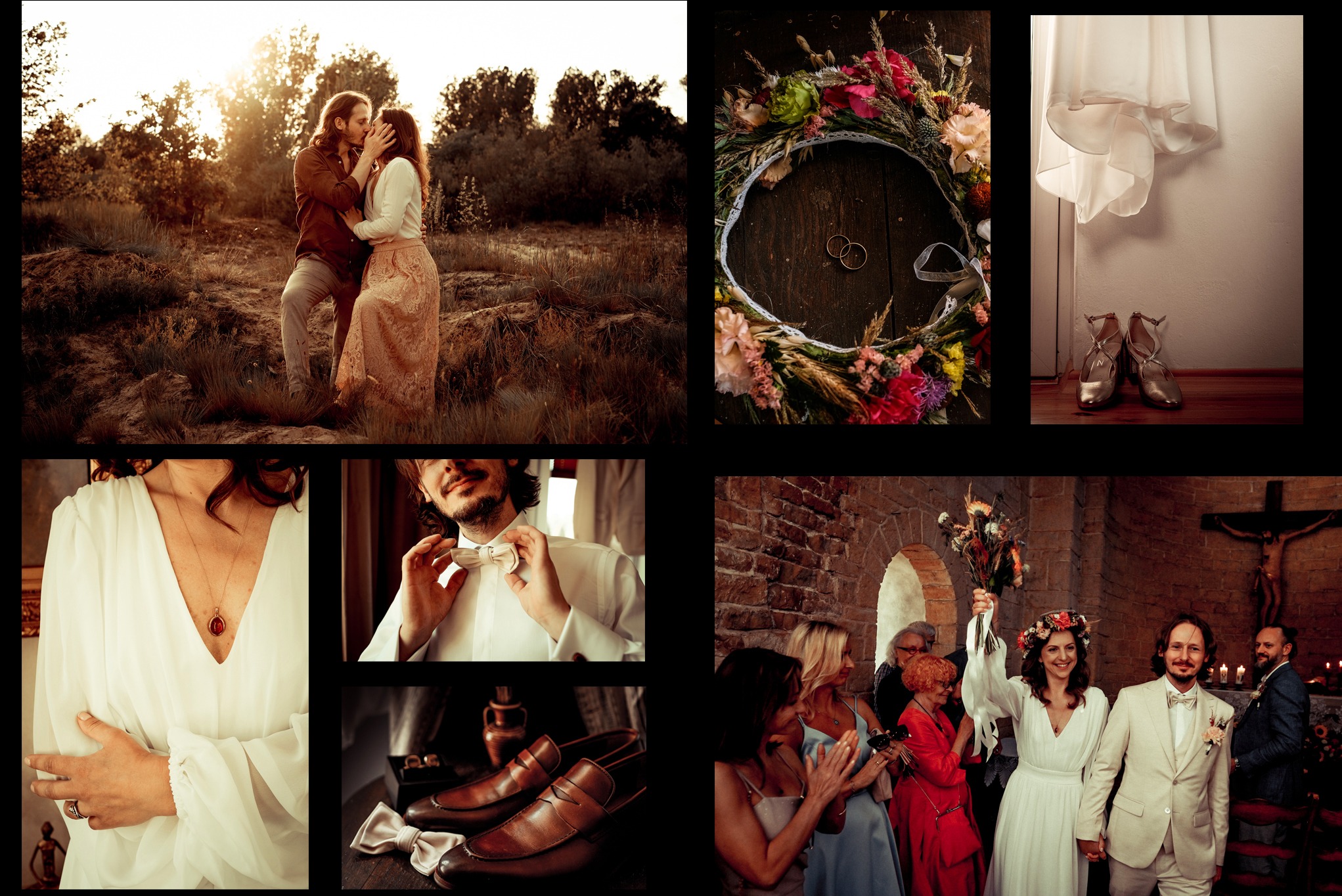 Kolaż zdjęć ślubnych: para całująca się na tle zachodzącego słońca, wianek z kwiatów z obrączkami, buty ślubne, detale stroju panny młodej i pana młodego, goście w kościele.