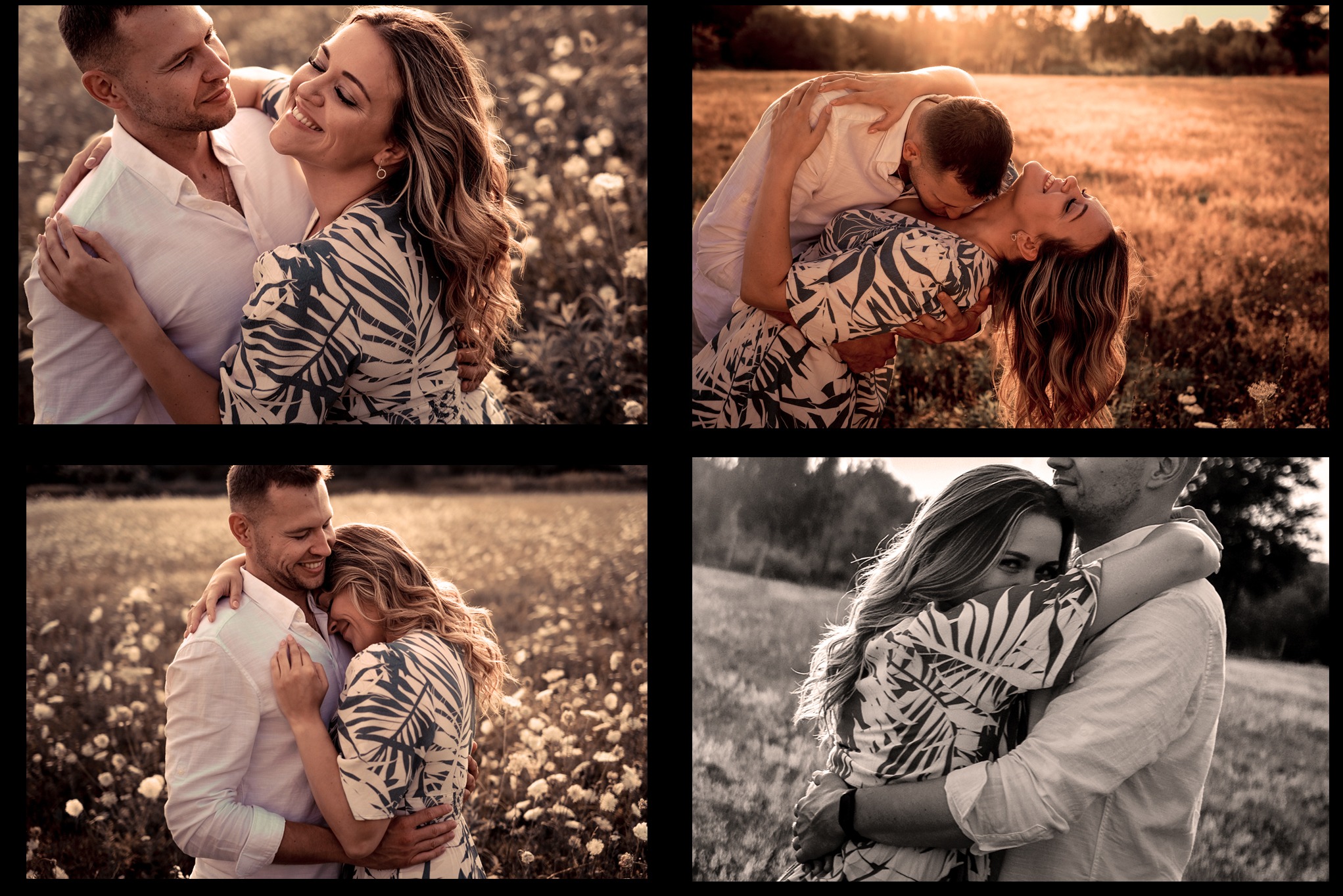 Kolaż z czterech ujęć zakochanej pary na łące: uśmiechy, czułe objęcia, naturalne światło, sukienka w liście. Romantyczna sesja w plenerze.