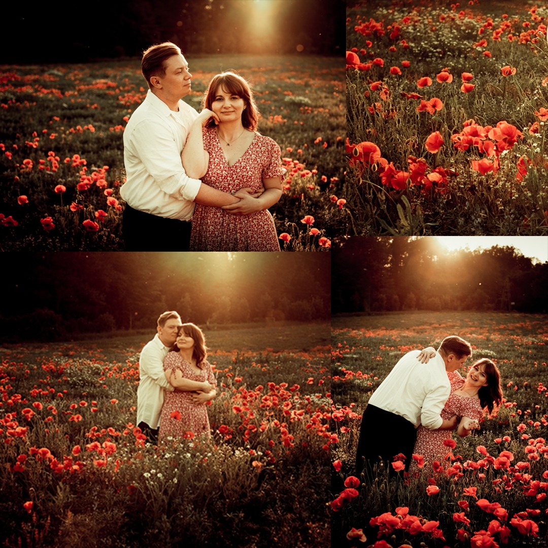 Zakochana para w polu maków, uchwycona w ciepłym, zachodzącym słońcu. Romantyczna sesja plenerowa z naturalnym światłem i delikatnym uśmiechem kobiety.