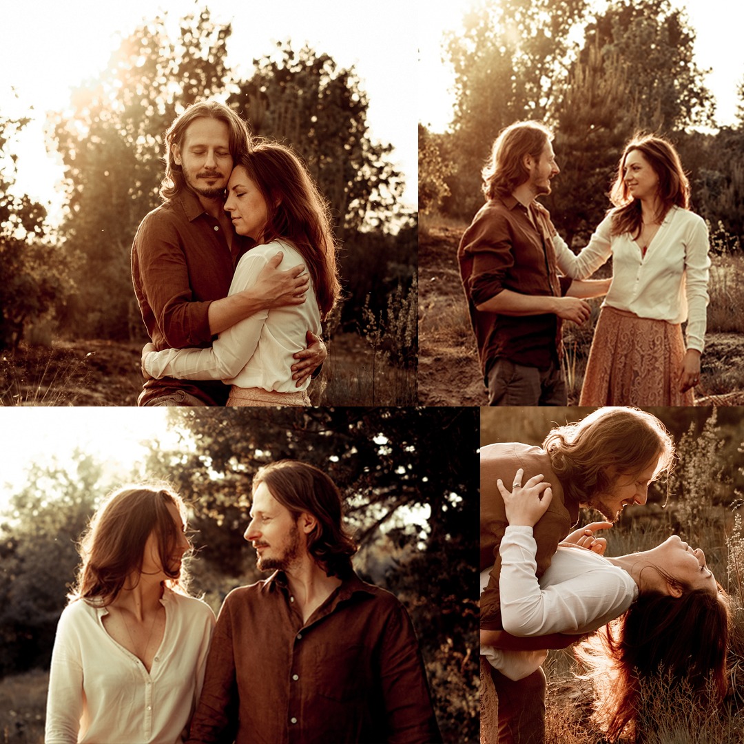 Kolaż z sesji plenerowej: para zakochanych w naturalnym świetle, obejmująca się i patrząca na siebie z czułością na tle drzew i łąki w ciepłych, stonowanych barwach.