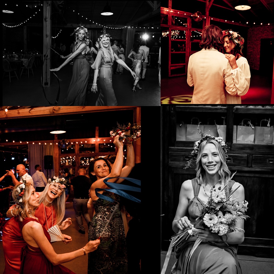 Kolaż zdjęć z wesela: tańczące kobiety w wiankach, para młoda w objęciach, radosne druhny i portret panny młodej z bukietem, ciepłe światło, dekoracje.