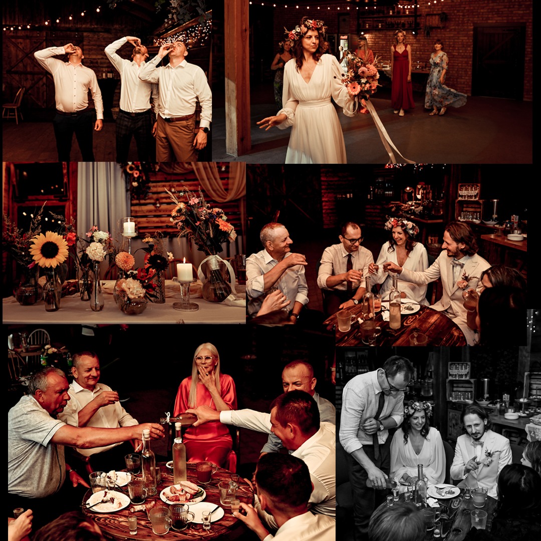 Kolaż z wesela: toast wznoszony przez gości, panna młoda z bukietem, dekoracje stołu z kwiatami i świecami, oraz czarno-białe ujęcie pary młodej przy stole.