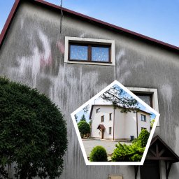 PROMAL Kamil Kulik - Elewacja domu przed i po czyszczeniu, z widocznymi zaciekami na szarej ścianie i wstawką z odnowioną, białą elewacją w kształcie pięciokąta.