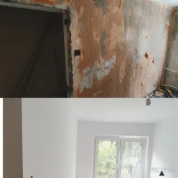 Zdjęcie przedstawia porównanie stanu pokoju przed i po remoncie: górna część ukazuje ścianę z resztkami starej farby i tapety, dolna część prezentuje odnowione, pomalowane na biało wnętrze z oknem,...