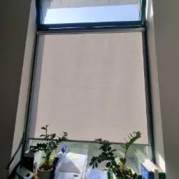 Okna ze skośnym profilem i beżową roletą w pozycji zamkniętej, na parapecie rośliny doniczkowe i dokumenty w segregatorach.