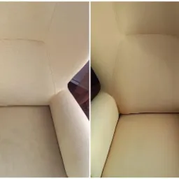 Porównanie fotela tapicerowanego przed i po czyszczeniu, widoczne różnice w odcieniu i usunięte plamy na jasnej tkaninie.