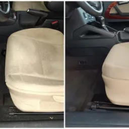 Porównanie: Fotel samochodowy beżowej tapicerki przed i po czyszczeniu, widoczne różnice w czystości materiału i dywanika pod siedzeniem.