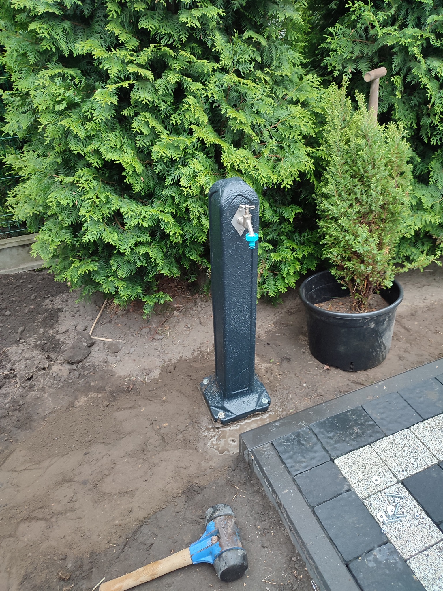 Metalowy słupek z kranem ogrodowym, zamontowany na fundamencie z kostki brukowej, obok rosnącego iglaka w donicy i młotka brukarskiego, na tle zielonych krzewów.