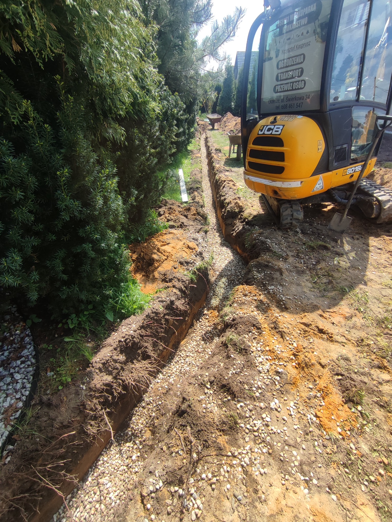 Wykopany rów wypełniony drobnym żwirem, obok żółta minikoparka JCB i szpadel, widoczne zielone tuje i ziemia.