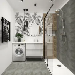 Nowoczesna łazienka z pralką w zabudowie, okrągłym lustrem i deszczownicą, dekorowana tapetą w motywy roślinne.