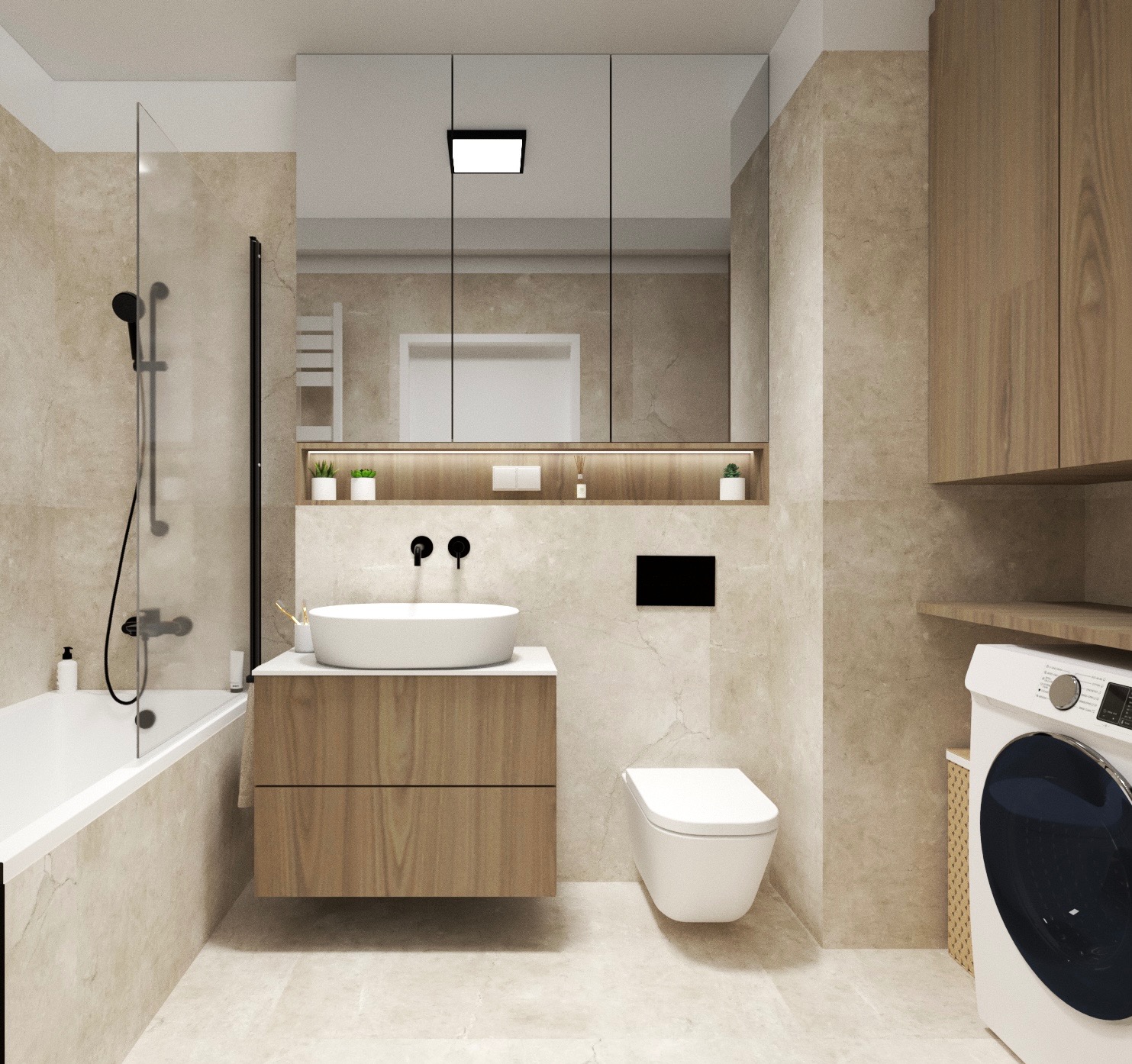 Jasna łazienka z wanną, umywalką na szafce z drewnianym frontem i toaletą. W tle szafki i pralka. Minimalistyczny design, beżowe płytki imitujące marmur.