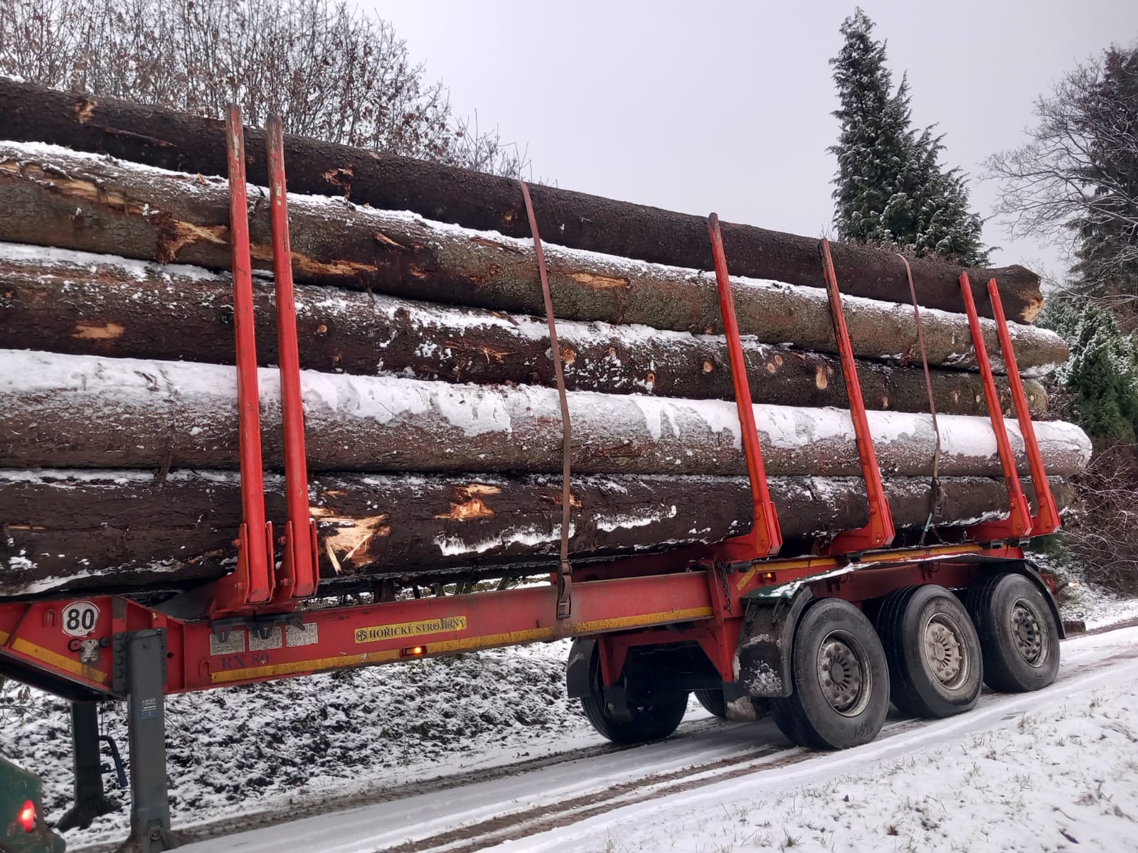Ciężarówka z czerwonymi podporami przewożąca stosy okrąglaków drewna pokrytych śniegiem na zimowej drodze.