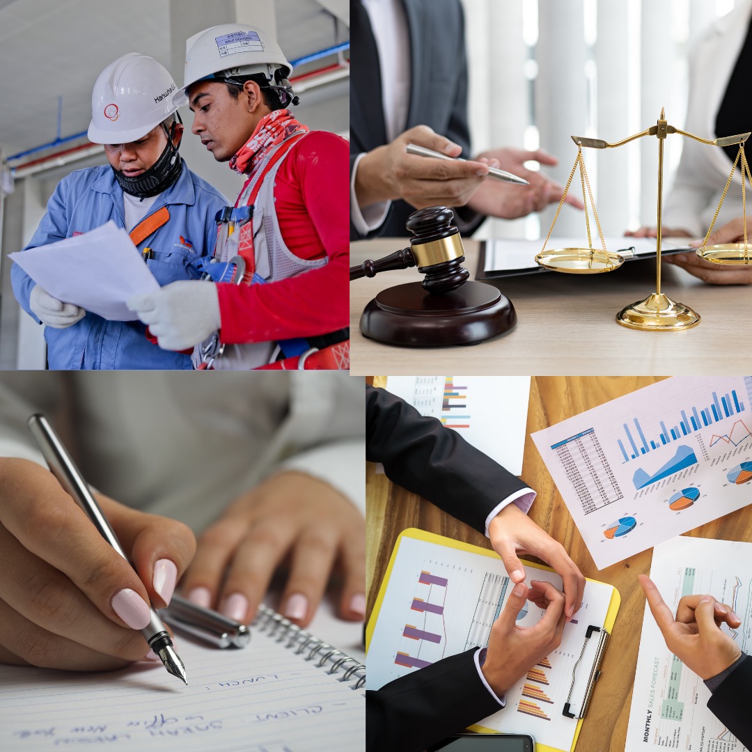 Kolaż czterech zdjęć: dwóch pracowników budowlanych analizujących dokumenty, prawnika z klientem przy wadze sprawiedliwości i młotku, kobiety piszącej notatki piórem wiecznym oraz dwóch osób...
