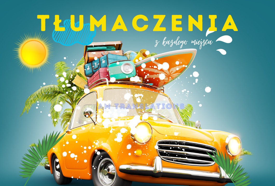 Żółty oldtimer z bagażami, deską surfingową i palmami na dachu, symbolizujący mobilność i globalny zasięg usług.