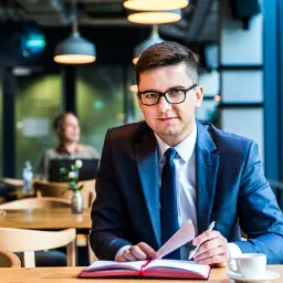 Mężczyzna w garniturze, z okularami, siedzi przy stole w kawiarni w Lublinie, przegląda dokumenty i robi notatki w czerwonym notatniku, obok filiżanka kawy.