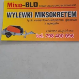 Wizytówka firmy Mixo-Bud oferującej wylewki miksokretem, tynki cementowo-wapienne i gipsowe z agregatu, z ilustracją agregatu do wylewek oraz numerem telefonu.
