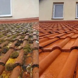 Porównanie dachu z czerwonej dachówki przed i po czyszczeniu: po lewej stronie pokryty mchem i zabrudzeniami, po prawej – czysty i błyszczący, z widocznymi oknami budynku w tle.