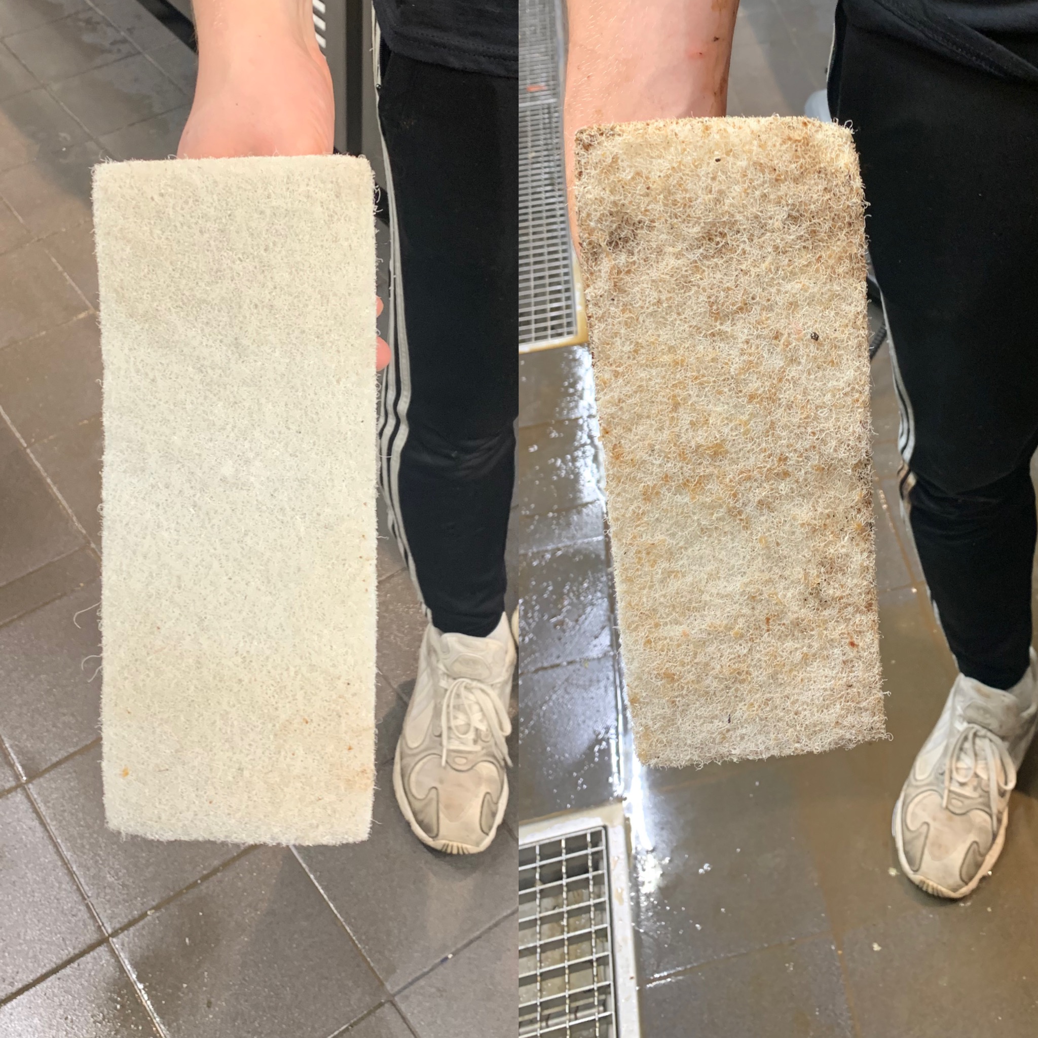 Porównanie czystej i brudnej prostokątnej gąbki do czyszczenia, trzymanej w dłoni, na tle mokrej podłogi z odpływem liniowym