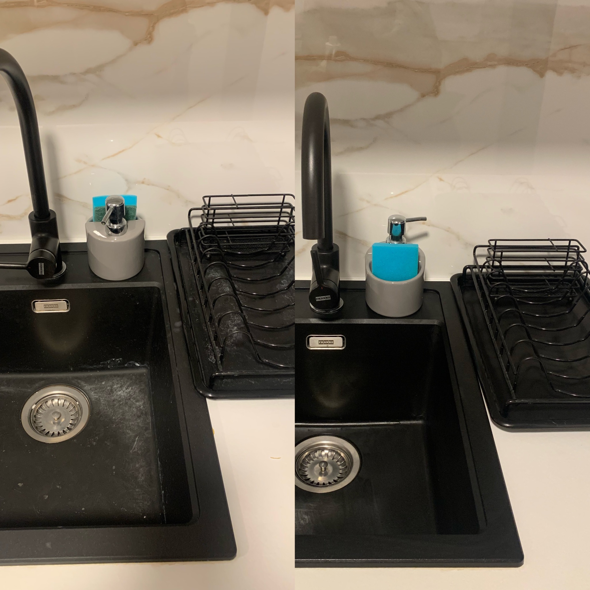 Porównanie czystości czarnego zlewu kuchennego przed i po umyciu, widoczne osady kamienia i zacieków usunięte, z czarną baterią, dozownikiem na płyn i ociekaczem na naczynia.