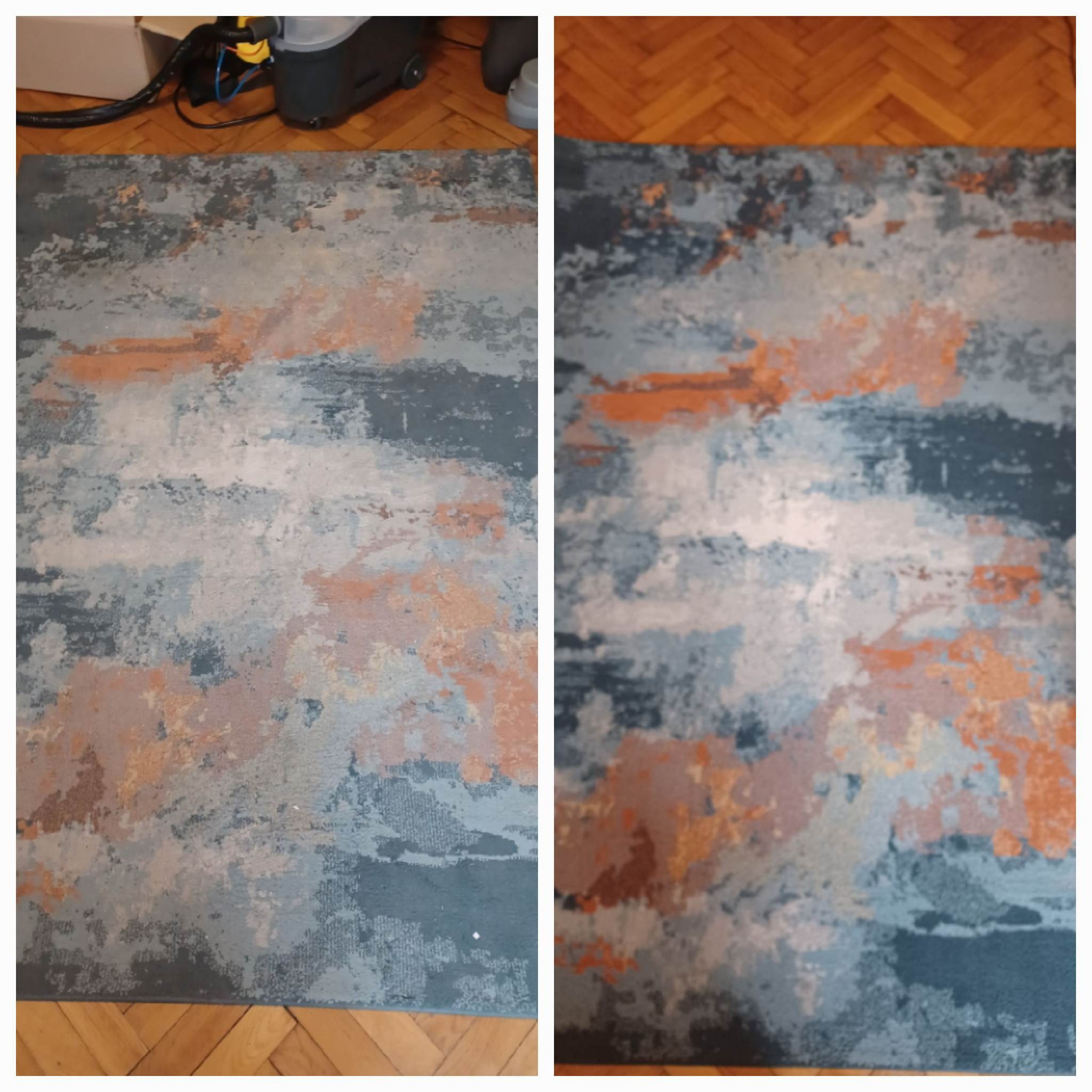 Dwa ujęcia tego samego dywanu z abstrakcyjnym wzorem w odcieniach szarości, błękitu i pomarańczy, leżącego na parkiecie; widoczne urządzenie do czyszczenia dywanów w tle.