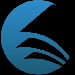 Abstrakcyjne logo firmy: niebieski okrąg z trzema stylizowanymi, nachodzącymi na siebie elementami wewnątrz, na czarnym tle.