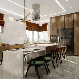 Elegancka, nowoczesna kuchnia w Warszawie z marmurową wyspą i blatem, zielonymi krzesłami oraz drewnianymi szafkami. Duże okno z widokiem na zimowy krajobraz. Nad wyspą designerska lampa...