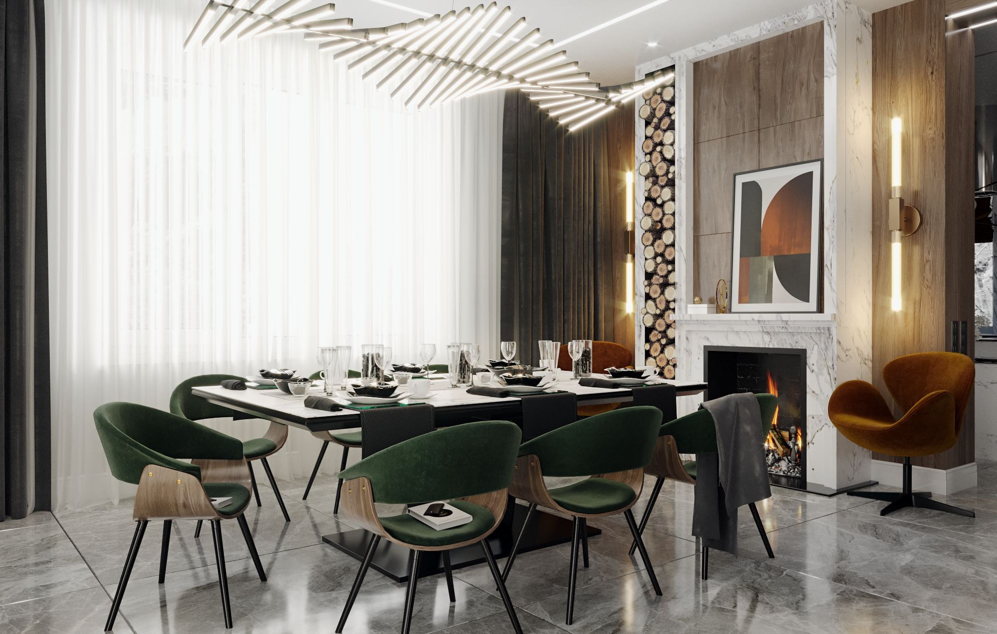 Nowoczesna jadalnia z długim stołem, zielonymi krzesłami, marmurowym kominkiem z drewnem i designerską lampą sufitową.