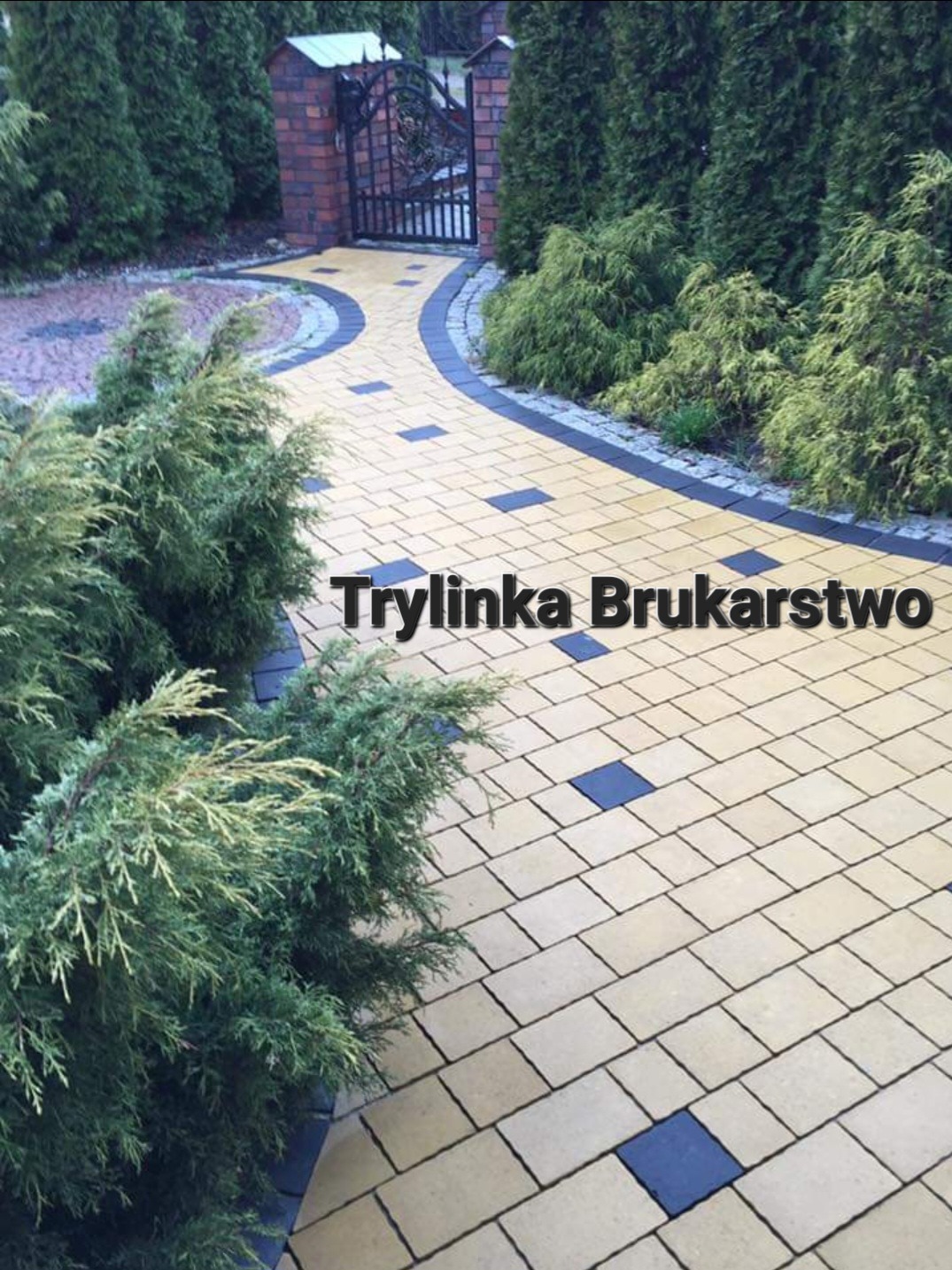 Żółta kostka brukowa ułożona w ścieżkę z czarnymi akcentami, otoczona zielonymi krzewami i prowadząca do metalowej bramy.