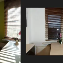 Fragment kuchni z zieloną ścianą, brązowymi żaluzjami i kwiatem w doniczce na blacie, obok obrazu z motywem krajobrazu na teksturowanej ścianie.