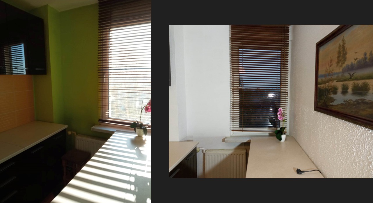 Fragment kuchni z zieloną ścianą, brązowymi żaluzjami i kwiatem w doniczce na blacie, obok obrazu z motywem krajobrazu na teksturowanej ścianie.