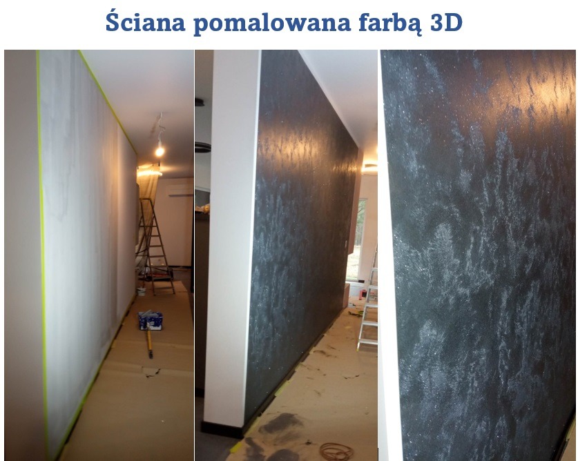 Ściana w korytarzu po pomalowaniu farbą strukturalną 3D w odcieniach szarości, widoczna drabina malarska, zabezpieczone podłogi i listwy przypodłogowe.