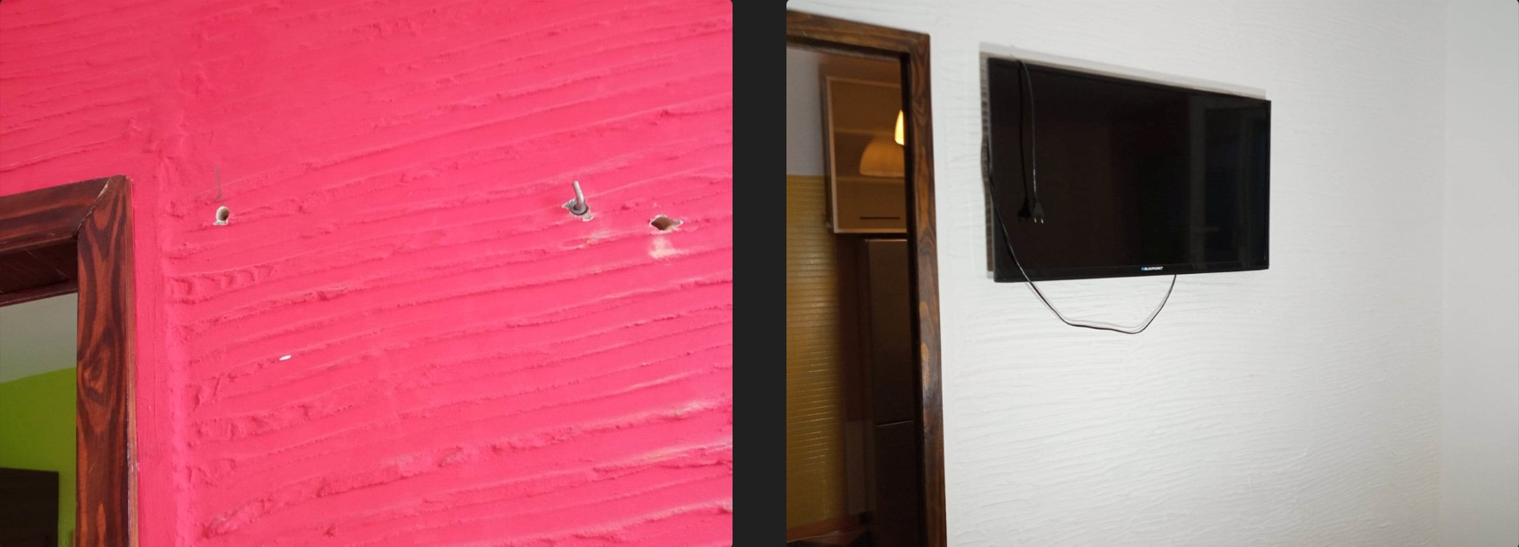 Fragment pokoju: ściana pomalowana na intensywny róż z widocznymi otworami i wkrętem, obok framuga drzwi z ciemnego drewna, na drugiej ścianie zawieszony telewizor na białej ścianie z widocznym...