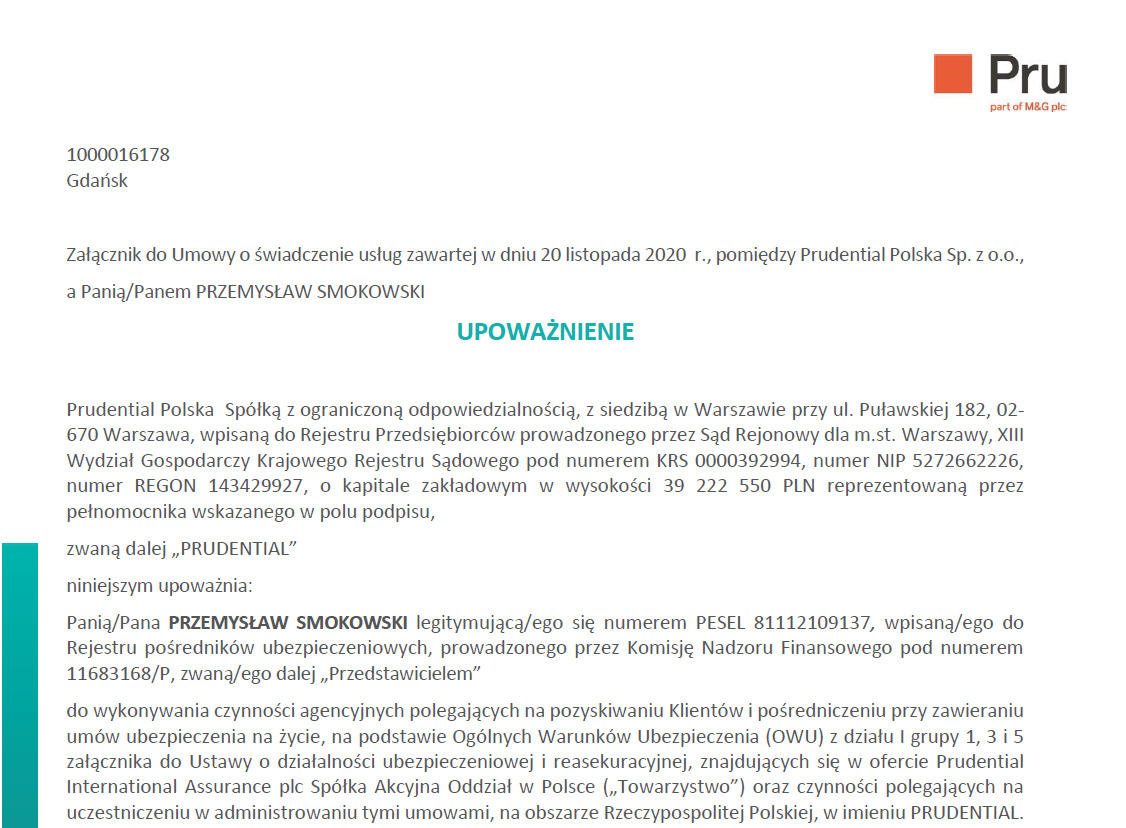 Dokument upoważnienia od Prudential Polska dla pośrednika ubezpieczeniowego, z logo firmy w prawym górnym rogu. Tekst zawiera dane firmy i zakres upoważnienia.