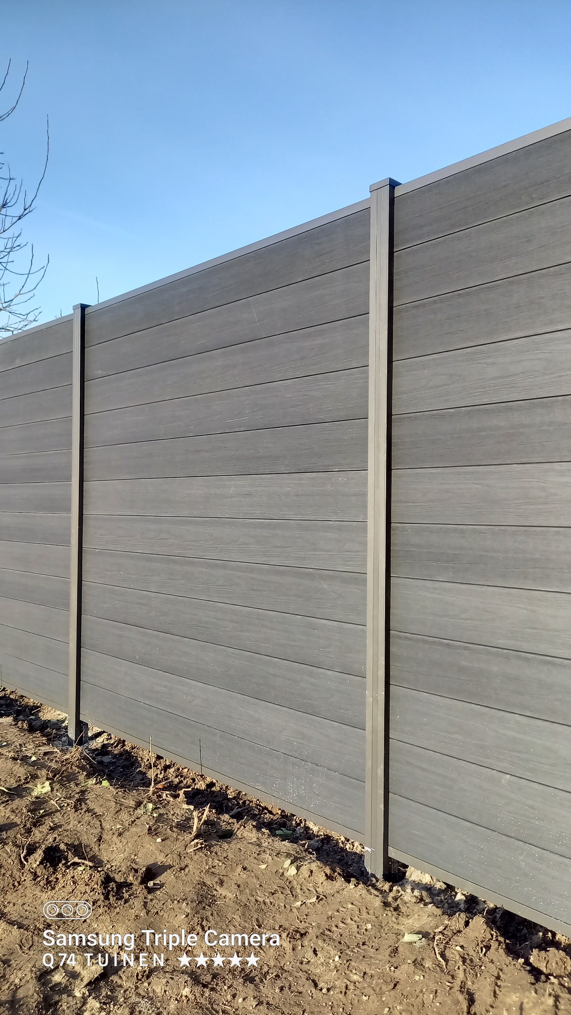 Nowoczesne, szare ogrodzenie panelowe z kompozytu drewna, widoczne z bliska, z ziemią u podstawy i fragmentem bezlistnej gałęzi drzewa na tle błękitnego nieba.