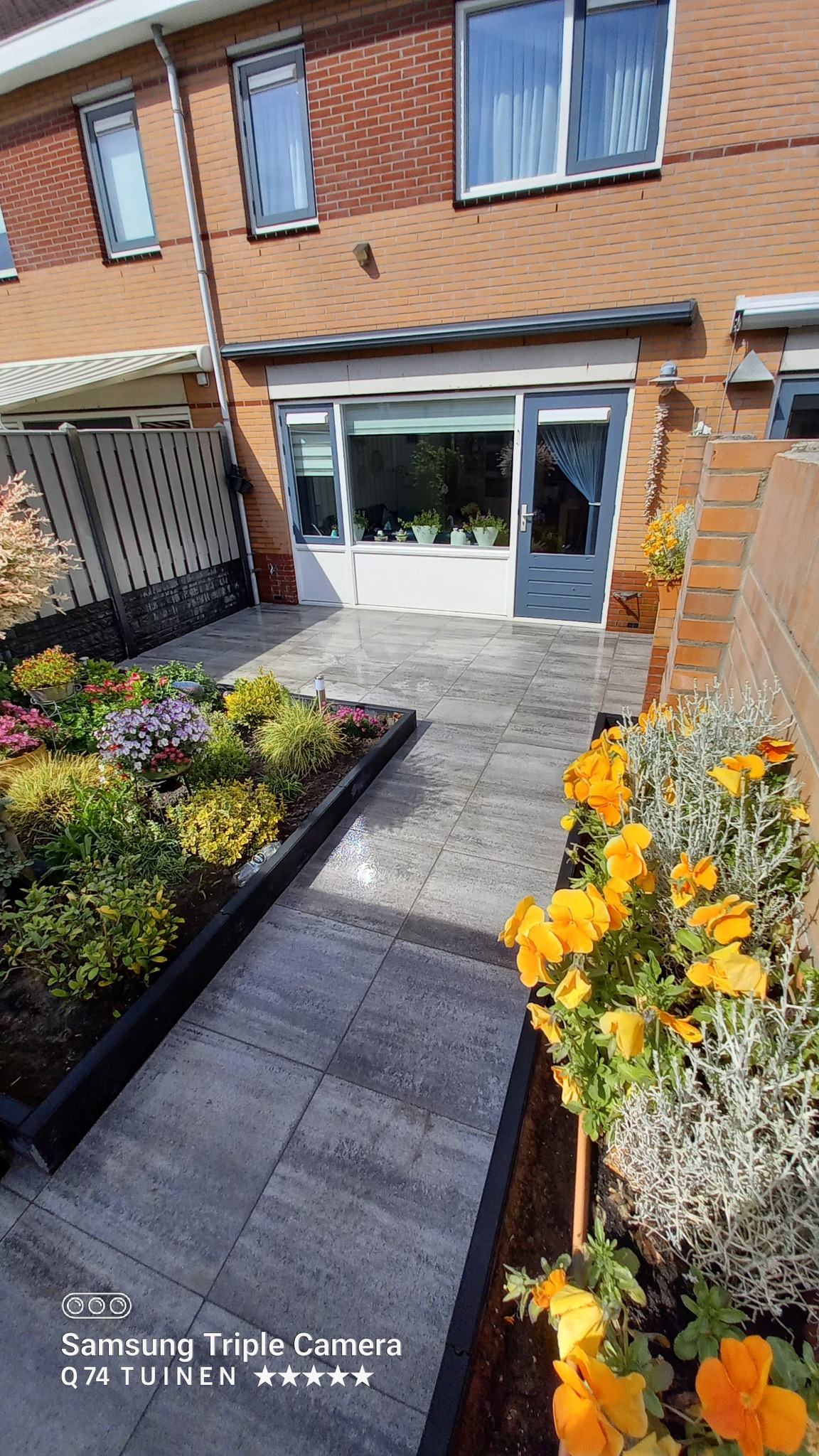 Ułożona szara kostka brukowa tworzy ścieżkę wzdłuż rabat kwiatowych z żółtymi i fioletowymi kwiatami, prowadzącą do drzwi domu z widokiem na donice z roślinami w oknie.