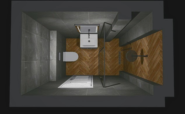 Wizualizacja łazienki z gresu imitującego kamień na ścianach i podłodze, drewniana mozaika w jodełkę na ścianie z umywalką i prysznicem, kabina prysznicowa typu walk-in, biała armatura.