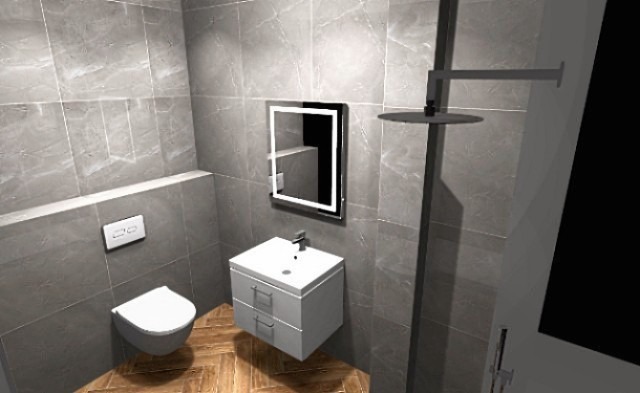 Nowoczesna łazienka z szarymi płytkami, drewnopodobną podłogą, podwieszaną toaletą, umywalką z szafką i lustrem z podświetleniem LED oraz deszczownicą.