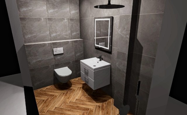 Nowoczesna łazienka z szarymi płytkami imitującymi marmur, drewnianą podłogą w jodełkę, podwieszaną miską WC, szafką z umywalką i lustrem z podświetleniem LED oraz deszczownicą.