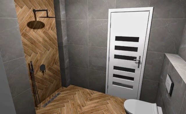 Wizualizacja łazienki z kabiną prysznicową wyłożoną płytkami imitującymi drewno w jodełkę, szare płytki na ścianach, białe drzwi z poziomymi przeszkleniami i podwieszana toaleta.